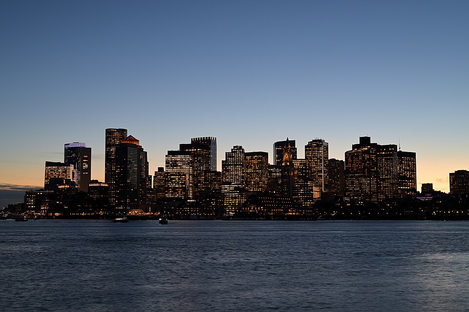Boston skyline from East Pier Drive in Jeffries Point, East Boston